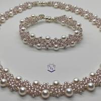 Wunderschönes Perlencollier mit 2 unterschiedlichen Seiten, beidseitig tragbar, handgefertigt in weiß, silber, rosé, Bild 8