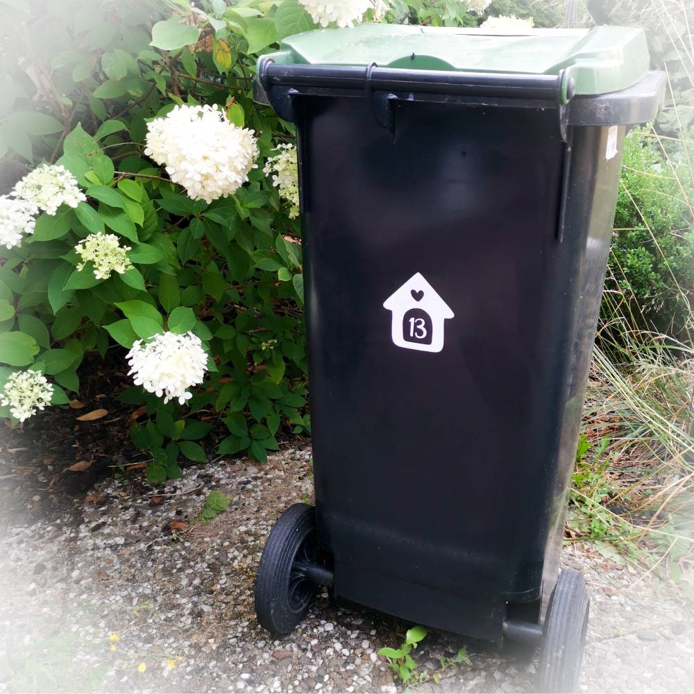 Mülltonne Aufkleber personalisierbar mit Hausnummer und Strasse - Haus  Blumen