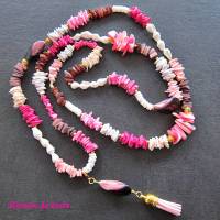 Muschelkette Bettelkette Kette lang pink rosa weiß goldfarben Quasten Anhänger Ibiza Hippie Boho Kette handgefertigt Bild 4