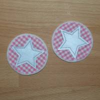 1 Paar Bügelflicken, rund 5,5 cm, rosa-weiß mit reflektierenden Sternen, Biobaumwolle, Handarbeit Bild 1