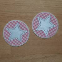 1 Paar Bügelflicken, rund 5,5 cm, rosa-weiß mit reflektierenden Sternen, Biobaumwolle, Handarbeit Bild 2