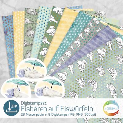 Digistampset Eisbären auf Eiswürfeln, cooler Polarbär, Eisbärbaby, Hitze-Sprüche, Sayings Winter und Sommer, Tierbaby