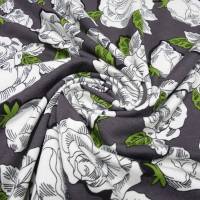 Stoff Viskose Jersey mit Blumenmuster Rosen Design taupé-braun grün weiss schwarz geblümt Kleiderstoff! Bild 4