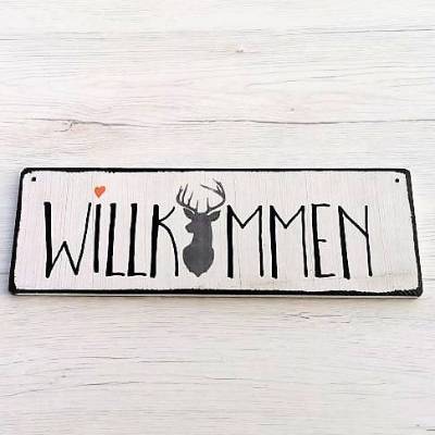 Willkommen Hirschkopf Türschild Holzschild Willkommensschild für deine Haustür