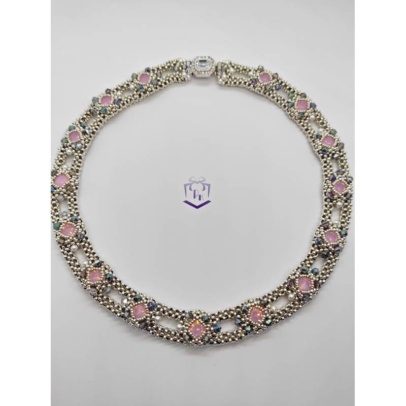Wunderschönes  Collier, handgefertigt mit hochwertigen Perlen in rosa, silber, weiß, grau metallic, viktorianischer Stil Bild 1