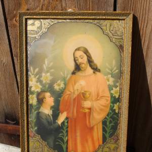 Heiligenbild Jesus Knabe Kelch Hausaltar Druck religiöse Kunst 30er 40er Jahre Bild 2