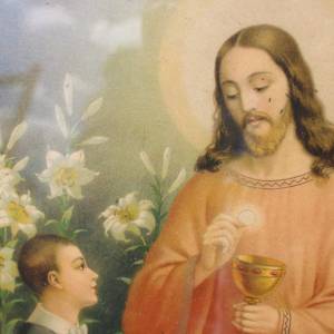 Heiligenbild Jesus Knabe Kelch Hausaltar Druck religiöse Kunst 30er 40er Jahre Bild 3