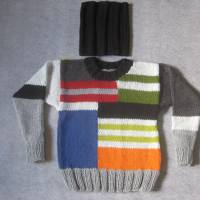 Ausgefallener Pullover, gestrickt im mehrfarbigen Patchwork-Style + Loop-Schal Bild 1