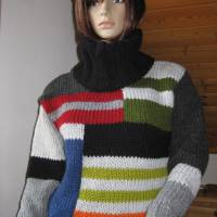 Ausgefallener Pullover, gestrickt im mehrfarbigen Patchwork-Style + Loop-Schal Bild 4