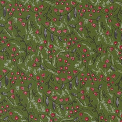 Patchworkstoff Merrymaking Evergreen Metallic – Winter Berries von Gingiber, 100% Baumwolle