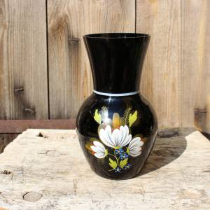 Vase Hyalithglas Schwarzglas Emaillefarben Blumendekor Handbemalt 50er Jahre DDR Bild 1