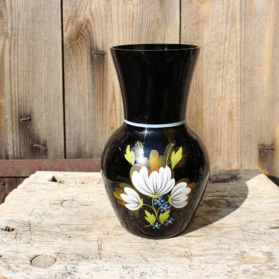 Vase Hyalithglas Schwarzglas Emaillefarben Blumendekor Handbemalt 50er Jahre DDR
