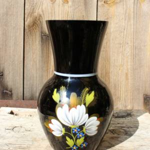 Vase Hyalithglas Schwarzglas Emaillefarben Blumendekor Handbemalt 50er Jahre DDR Bild 2