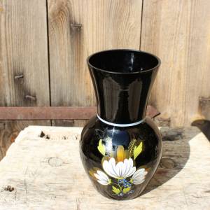 Vase Hyalithglas Schwarzglas Emaillefarben Blumendekor Handbemalt 50er Jahre DDR Bild 3