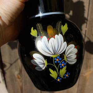 Vase Hyalithglas Schwarzglas Emaillefarben Blumendekor Handbemalt 50er Jahre DDR Bild 5
