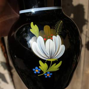 Vase Hyalithglas Schwarzglas Emaillefarben Blumendekor Handbemalt 50er Jahre DDR Bild 6