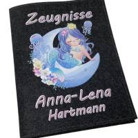 Zeugnismappe mit Namen aus Filz (A4) incl.zeugniss Hefter Einschulung Geschenk Zeugnis mappe personalisiert Meerjungfrau Bild 1