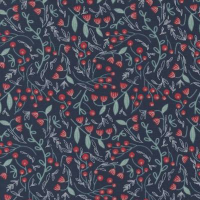 Patchworkstoff Merrymaking Winter Berries Dunkelblau Metallic Effekt von Gingiber – Baumwollstoff von Moda Fabrics