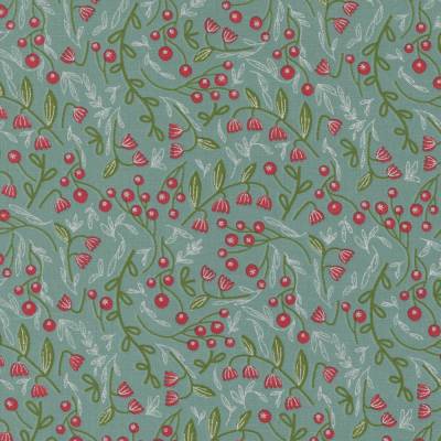 Patchworkstoff Merrymaking von Gingiber – Winter Berries Vintage Metallic Türkisblau mit Rot & Grün