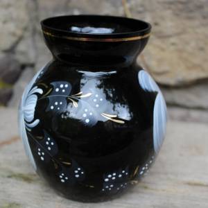 Vase Hyalithglas Schwarzglas Blumendekor Emaillefarben Handbemalt 50er Jahre DDR Bild 2