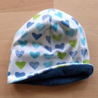 kuschelige Babymütze, zweilagig, blau-grün-weiß, Herzen, 42-44 cm, Biobaumwolle, Handarbeit Bild 2