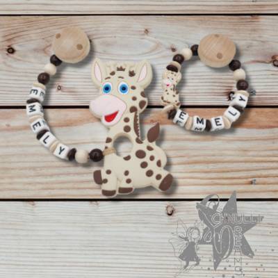 Set aus Schnullerkette & Beißkette mit Silikon Giraffe & Namen