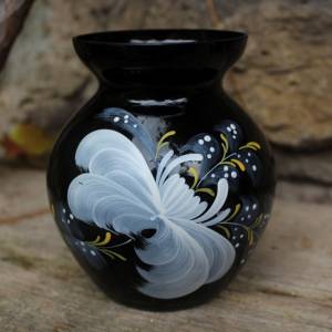 Vase Kugelvase Hyalithglas Schwarzglas Blumendekor Emaillefarben Handbemalt 50er Jahre DDR Bild 1