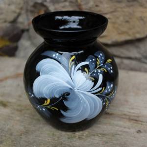 Vase Kugelvase Hyalithglas Schwarzglas Blumendekor Emaillefarben Handbemalt 50er Jahre DDR Bild 2