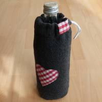 Fleece-Bezug, Flaschenhülle für Trinkflasche 0,5L, grau mit Herz-Applikation, Biobaumwolle, Handarbeit Bild 1