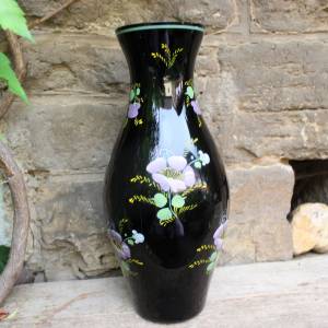 große Vase 29,5 cm Hyalithglas Schwarzglas Blumendekor Emaillefarben Handbemalt DDR Bild 9