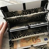 Geldbörse, Portemonnaie, Leinen - Chrysantheme schwarz creme, Kunstleder grau Glitzer Bild 8