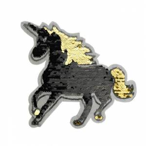 Wendepailletten Aufnäher Einhorn Pferd Applikation Patch Pailletten schwarz gold silber 18x18cm Bild 1