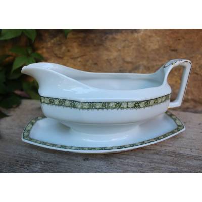 antike Sauciere Gräf & Krippner mit grünem Blumen Ornament Porzellan um 1930 Art Deco