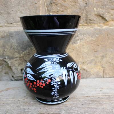 Vase Hyalithglas Schwarzglas Blumendekor Emaillefarben Handbemalt 50er 60er Jahre DDR