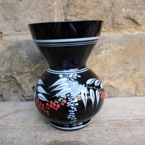 Vase Hyalithglas Schwarzglas Blumendekor Emaillefarben Handbemalt 50er 60er Jahre DDR Bild 2