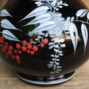 Vase Hyalithglas Schwarzglas Blumendekor Emaillefarben Handbemalt 50er 60er Jahre DDR Bild 4