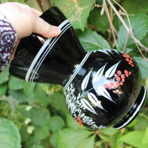 Vase Hyalithglas Schwarzglas Blumendekor Emaillefarben Handbemalt 50er 60er Jahre DDR Bild 8