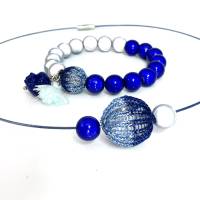BICOLOR hellblau/königsblau - Halsreif und/oder Armband mit doppelt gestrickten Kugeln und magischen Leuchtperlen, einze Bild 3