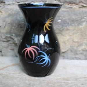 Vase Hyalithglas Schwarzglas Blumendekor Emaillefarben Handbemalt 50er Jahre DDR Bild 3