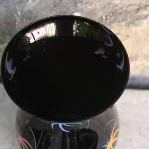 Vase Hyalithglas Schwarzglas Blumendekor Emaillefarben Handbemalt 50er Jahre DDR Bild 6