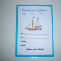 Einladung zu nen Segeltörn, Klappkarte mit Kuvert, Segelboot, Geschenk, Geburtstag, Urlaub, Postkarte, segeln Bild 1