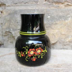 Vase Hyalithglas Schwarzglas Blumendekor Emaillefarben Handbemalt 50er 60er Jahre DDR Bild 1