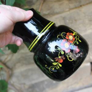Vase Hyalithglas Schwarzglas Blumendekor Emaillefarben Handbemalt 50er 60er Jahre DDR Bild 5