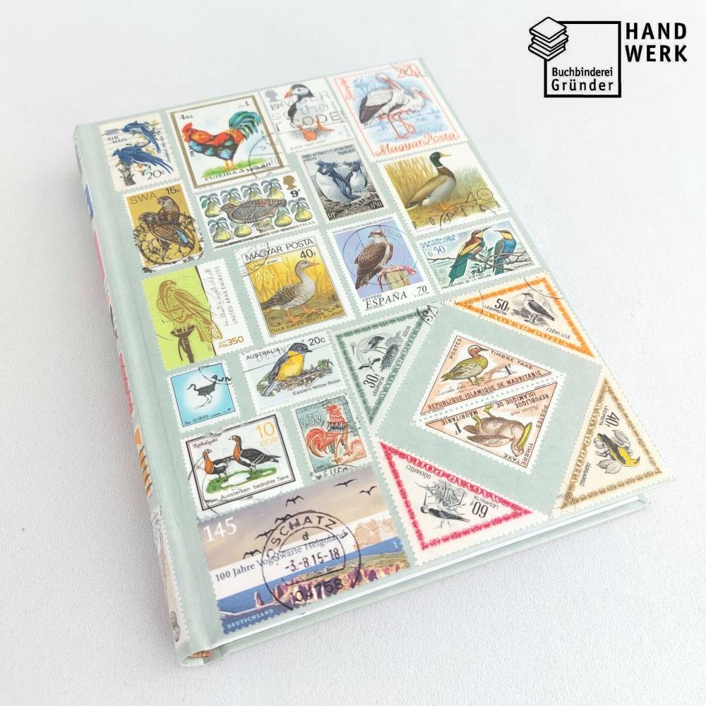 Notizbuch, Vögel, Briefmarken, Upcycling, DIN A5, 300 Seiten Bild 1