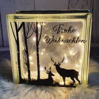 Glasbaustein, beleuchtet, Weihnachten Christmas, Hirsche und Bäume Bild 1