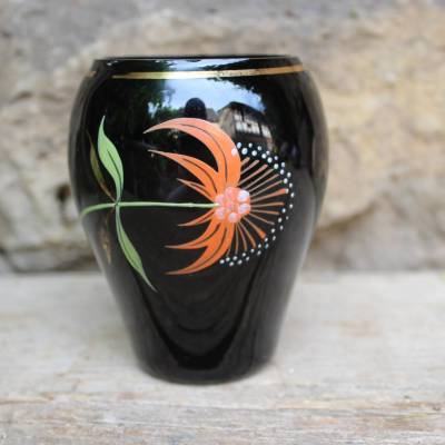 kleine Vase Hyalithglas Schwarzglas Blumendekor Emaillefarben Handbemalt 50er 60er Jahre DDR 