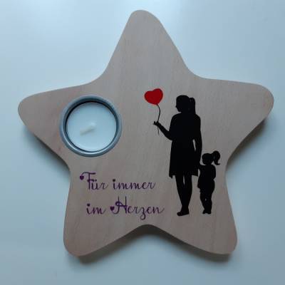  Erinnerung an ein Sternenkind, Geschenk für Sterneneltern, Teelichthalter, Stern aus Holz, zum Andenken u. Gedenken