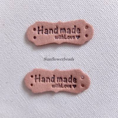 4 Handmade Label aus Velour zum Annähen, beige, mit Aufschrift "handmade with love"