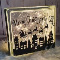Glasbaustein, beleuchtet, Weihnachten Christmas, "Merry Christmas to all", Santa Claus mit Schlitten über Häuser Bild 1