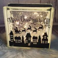 Glasbaustein, beleuchtet, Weihnachten Christmas, "Merry Christmas to all", Santa Claus mit Schlitten über Häuser Bild 2